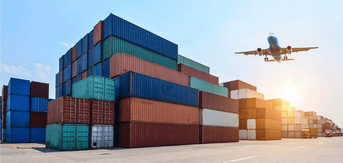 Shipping containers and airplane symbolizing global export logistics